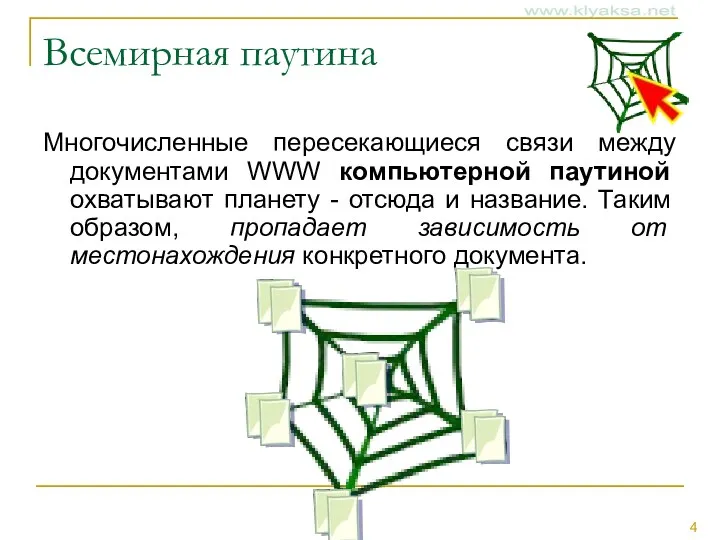 Всемирная паутина Многочисленные пересекающиеся связи между документами WWW компьютерной паутиной