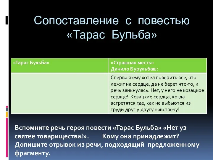 Сопоставление с повестью «Тарас Бульба» Вспомните речь героя повести «Тарас