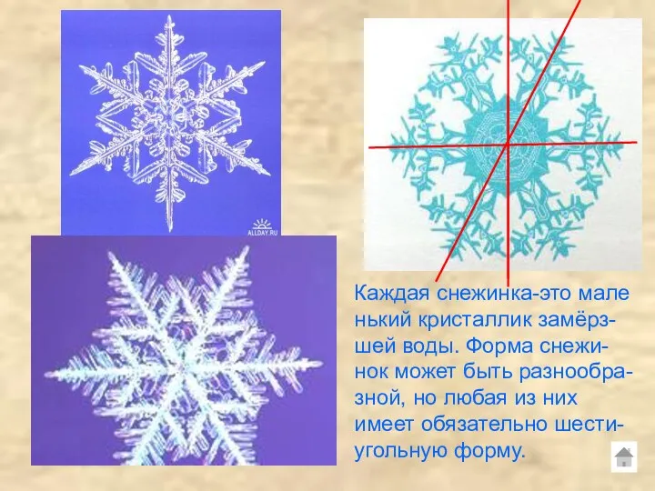 Каждая снежинка-это мале нький кристаллик замёрз-шей воды. Форма снежи-нок может быть разнообра-зной, но