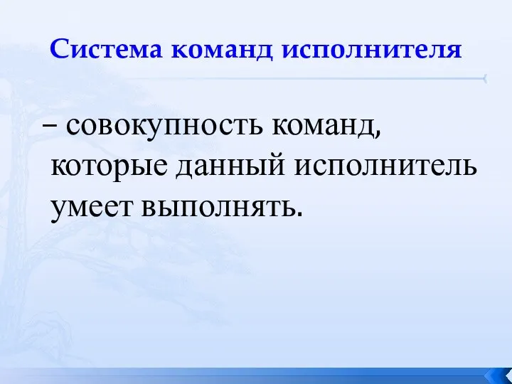 Система команд исполнителя – совокупность команд, которые данный исполнитель умеет выполнять.