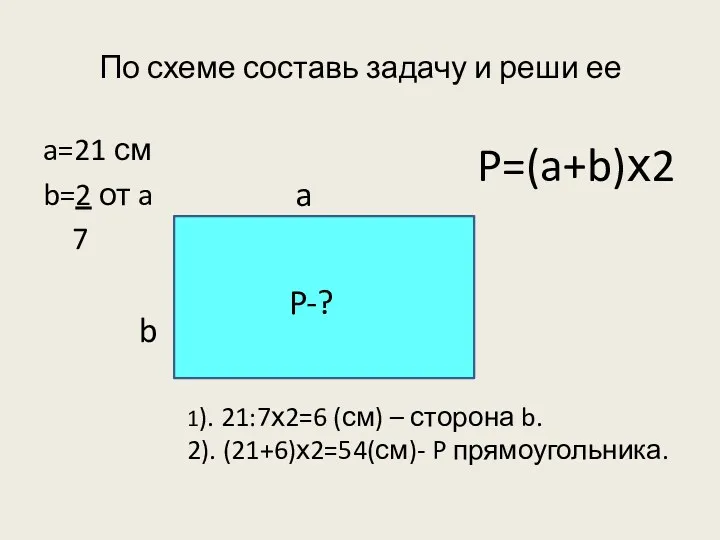 По схеме составь задачу и реши ее a=21 см b=2 от a 7