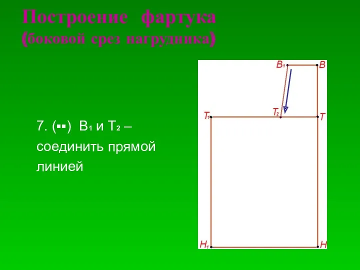 Построение фартука (боковой срез нагрудника)‏ 7. (▪▪) В1 и Т2 – соединить прямой линией