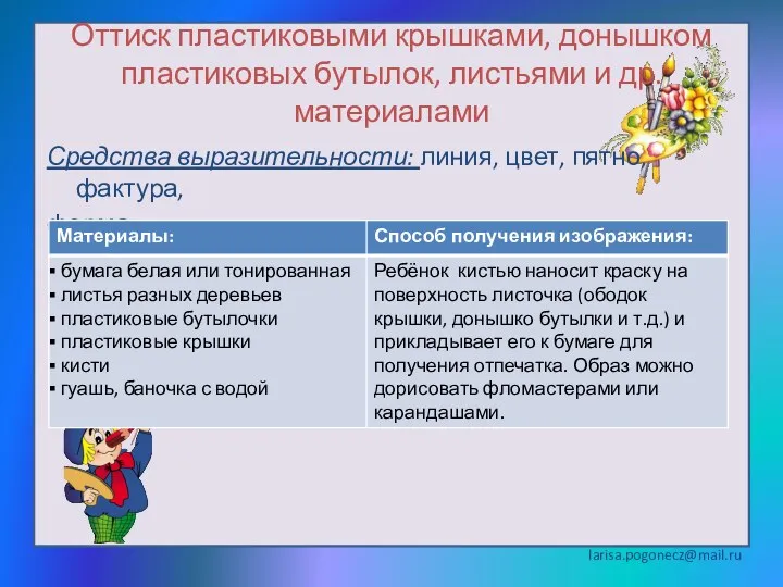 Оттиск пластиковыми крышками, донышком пластиковых бутылок, листьями и др. материалами