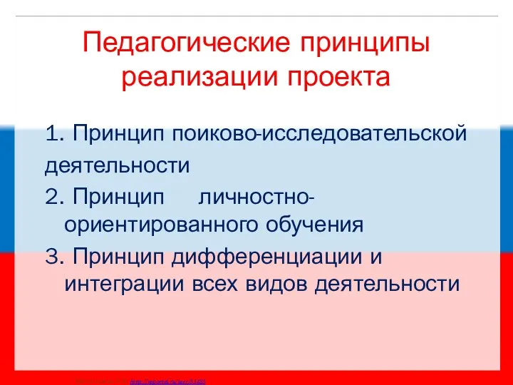 Педагогические принципы реализации проекта 1. Принцип поиково-исследовательской деятельности 2. Принцип