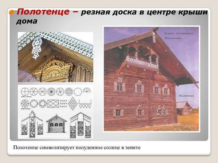 Полотенце – резная доска в центре крыши дома Полотенце символизирует полуденное солнце в зените