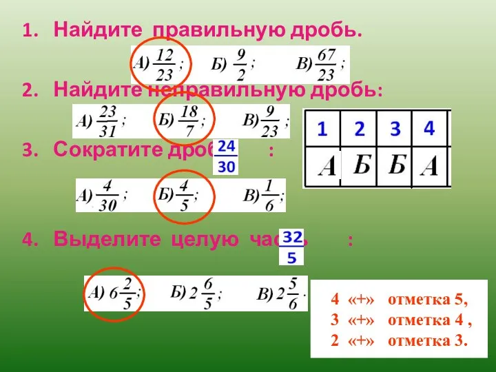 1. Найдите правильную дробь. 2. Найдите неправильную дробь: 3. Сократите