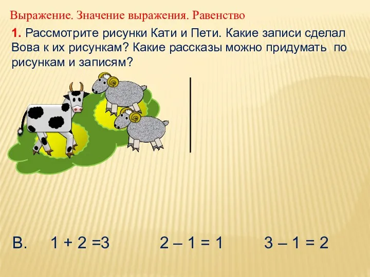 1. Рассмотрите рисунки Кати и Пети. Какие записи сделал Вова