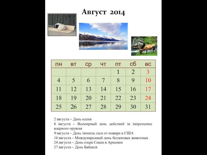 Август 2014 2 августа – День оленя 6 августа –