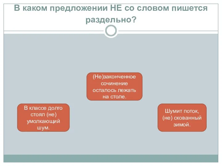 В каком предложении НЕ со словом пишется раздельно? Шумит поток,