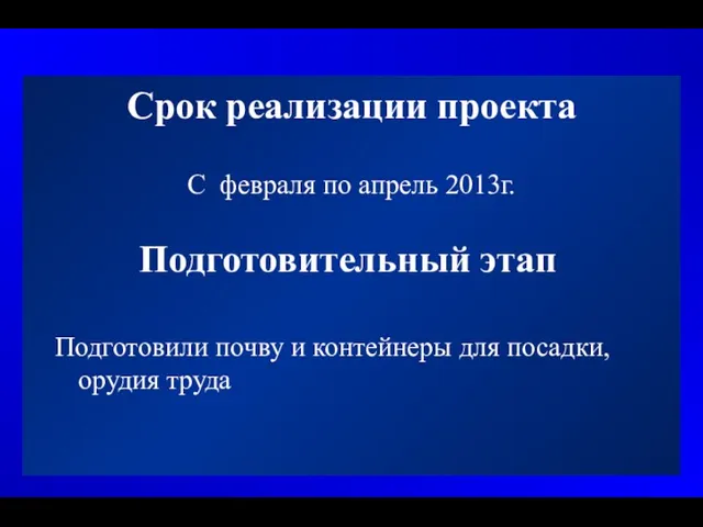 Срок реализации проекта С февраля по апрель 2013г. Подготовительный этап