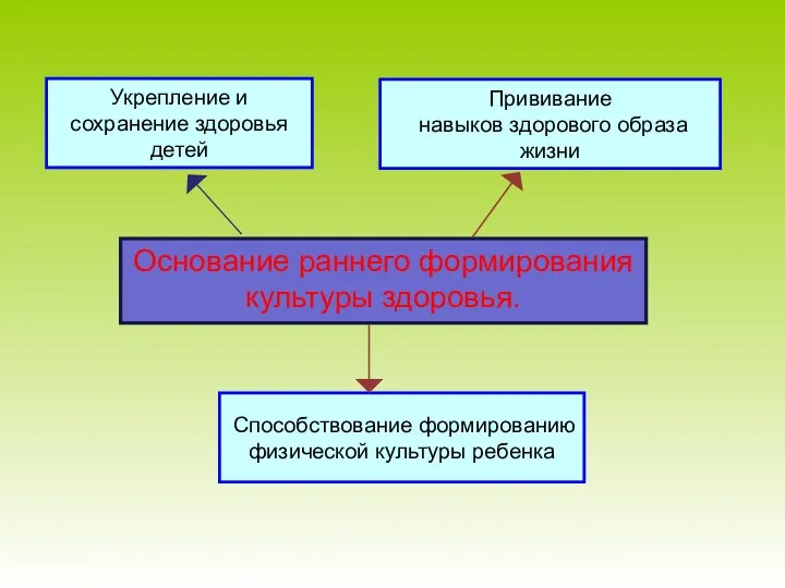 Укрепление и сохранение здоровья детей Прививание навыков здорового образа жизни Способствование формированию физической