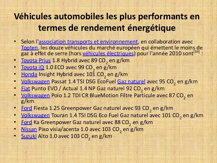 Véhicules automobiles les plus performants en termes de rendement énergétique