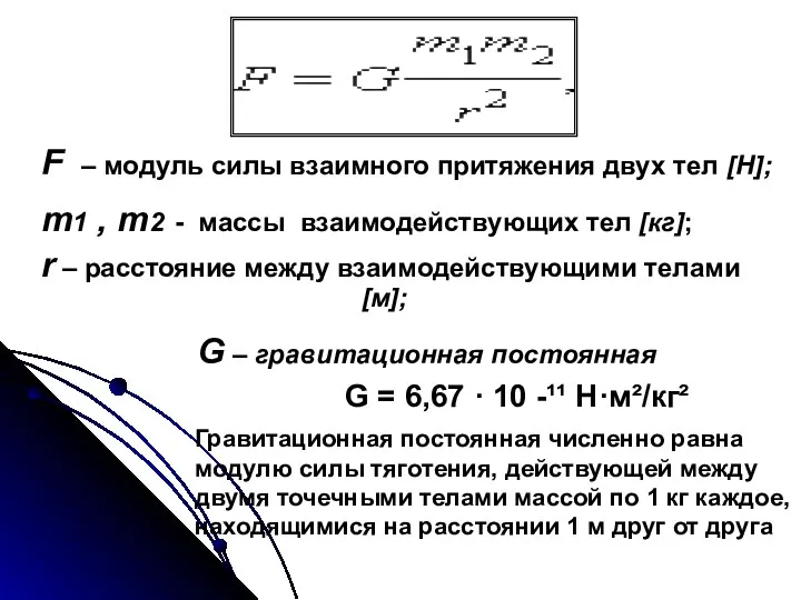 F – модуль силы взаимного притяжения двух тел [H]; m1