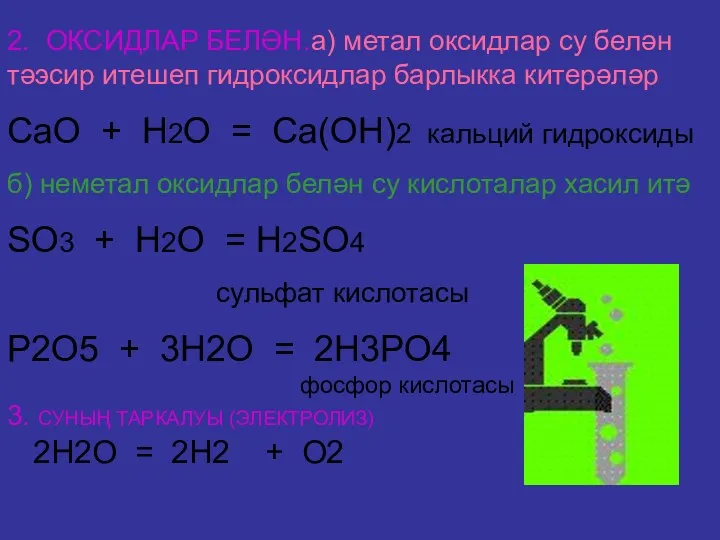 2. ОКСИДЛАР БЕЛӘН.а) метал оксидлар су белән тәэсир итешеп гидроксидлар