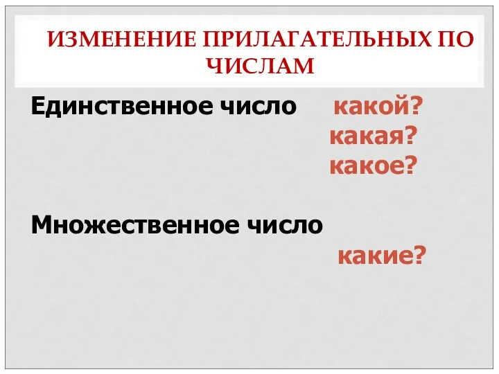 ИЗМЕНЕНИЕ ПРИЛАГАТЕЛЬНЫХ ПО ЧИСЛАМ Единственное число какой? какая? какое? Множественное число какие?