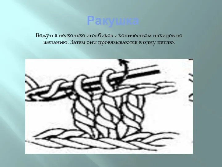 Ракушка Вяжутся несколько столбиков с количеством накидов по желанию. Затем они провязываются в одну петлю.