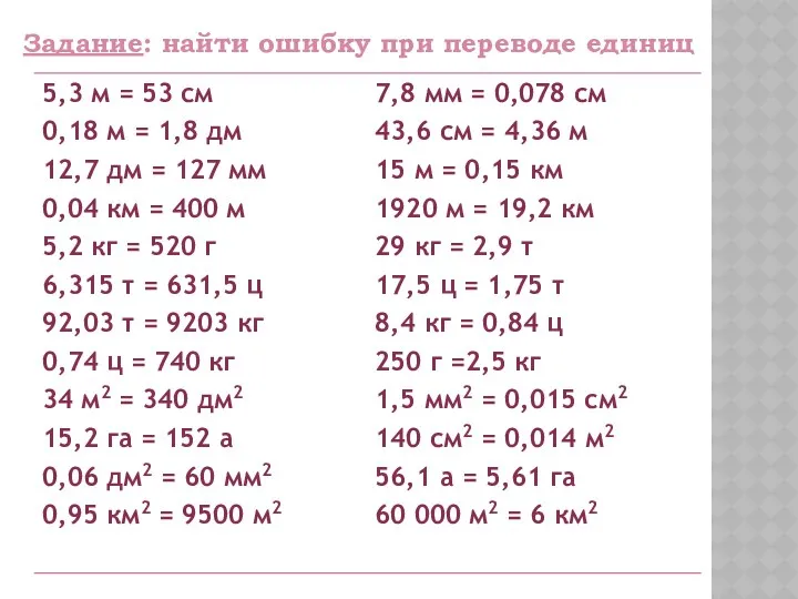 Задание: найти ошибку при переводе единиц