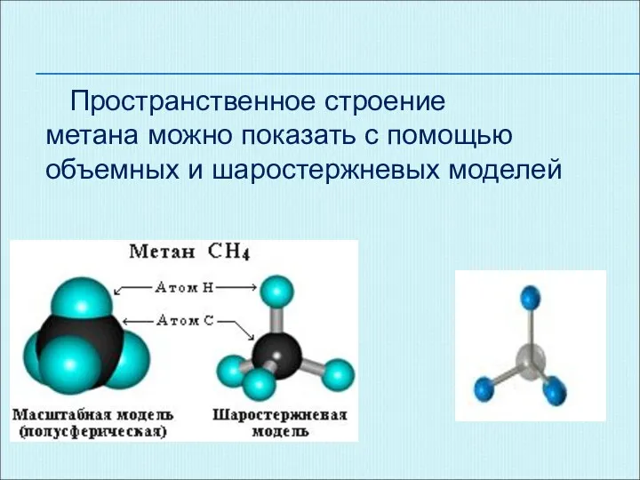 Пространственное строение метана можно показать с помощью объемных и шаростержневых моделей