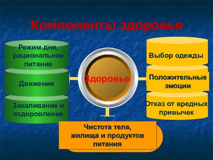 Компоненты здоровья Режим дня, рациональное питание Движение Закаливание и оздоровление Выбор одежды Отказ от вредных привычек