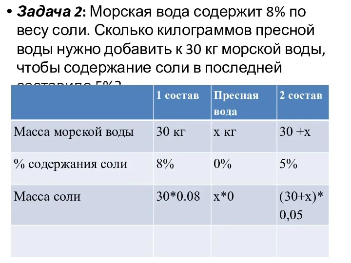 Задача 2: Морская вода содержит 8% по весу соли. Сколько килограммов пресной воды