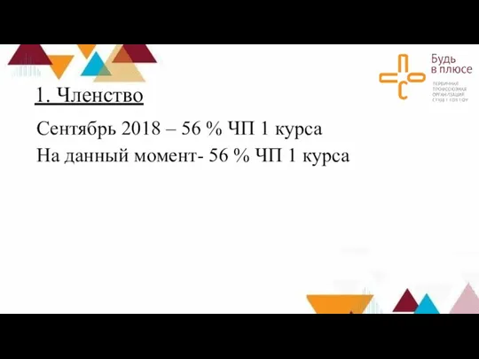 1. Членство Сентябрь 2018 – 56 % ЧП 1 курса