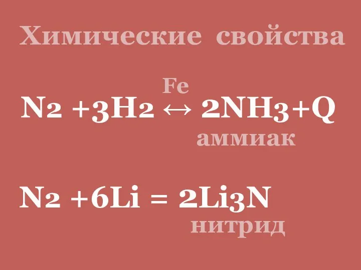 N2 +6Li = 2Li3N N2 +3H2 ↔ 2NH3+Q Химические свойства аммиак нитрид Fe