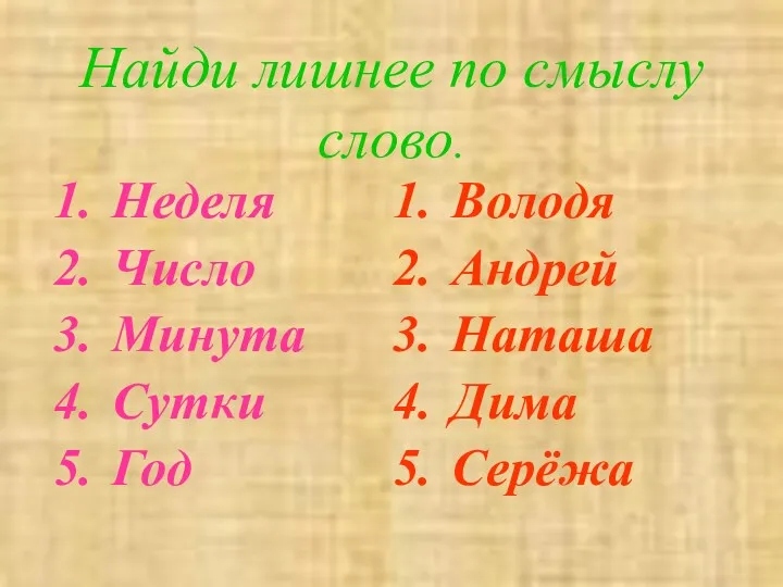 Найди лишнее по смыслу слово. Неделя Число Минута Сутки Год Володя Андрей Наташа Дима Серёжа