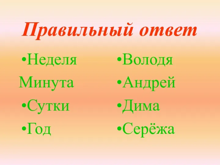 Правильный ответ Неделя Минута Сутки Год Володя Андрей Дима Серёжа