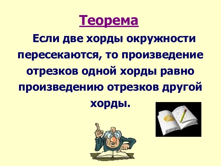 Теорема Если две хорды окружности пересекаются, то произведение отрезков одной хорды равно произведению отрезков другой хорды.