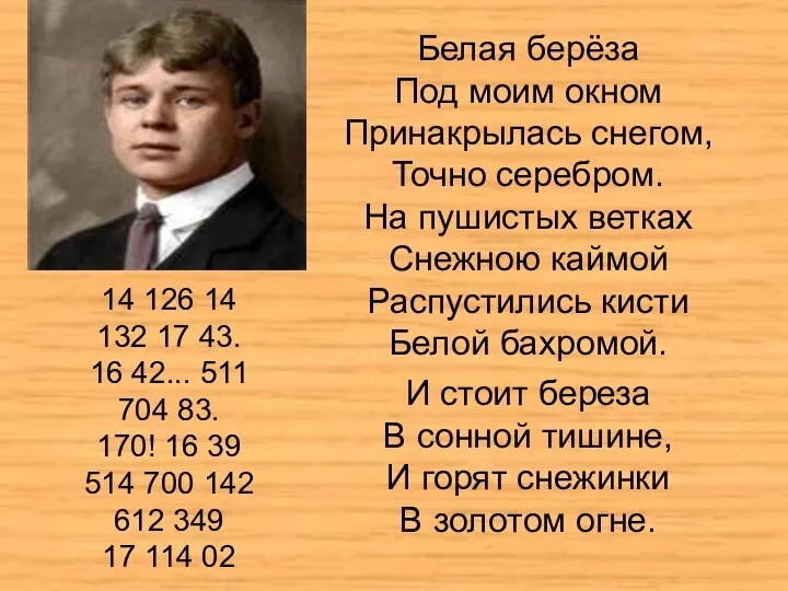 Белая берёза Под моим окном Принакрылась снегом, Точно серебром. На пушистых ветках Снежною