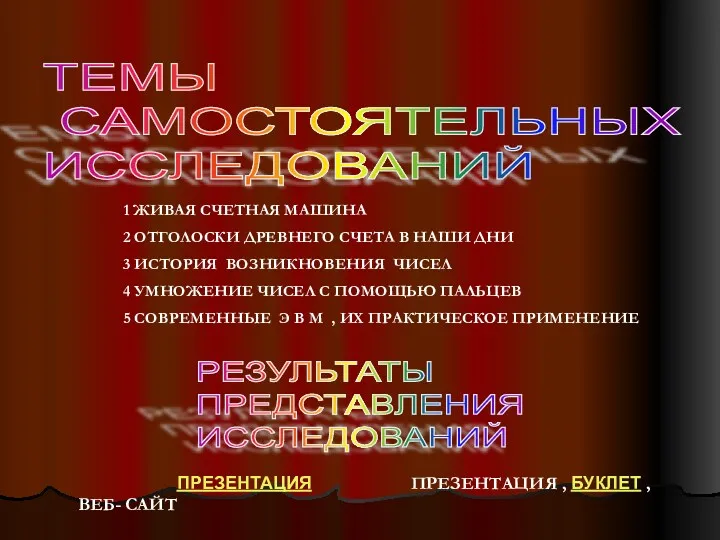 ТЕМЫ САМОСТОЯТЕЛЬНЫХ ИССЛЕДОВАНИЙ 1 ЖИВАЯ СЧЕТНАЯ МАШИНА 2 ОТГОЛОСКИ ДРЕВНЕГО