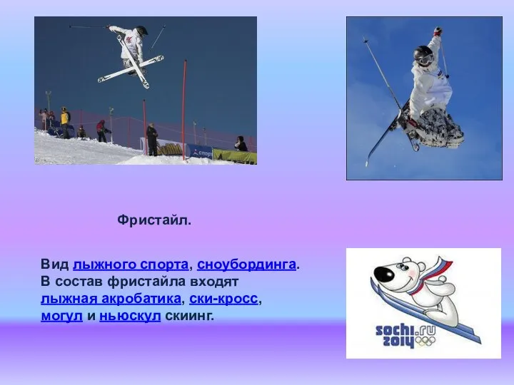 Фристайл. Вид лыжного спорта, сноубординга. В состав фристайла входят лыжная акробатика, ски-кросс, могул и ньюскул скиинг.