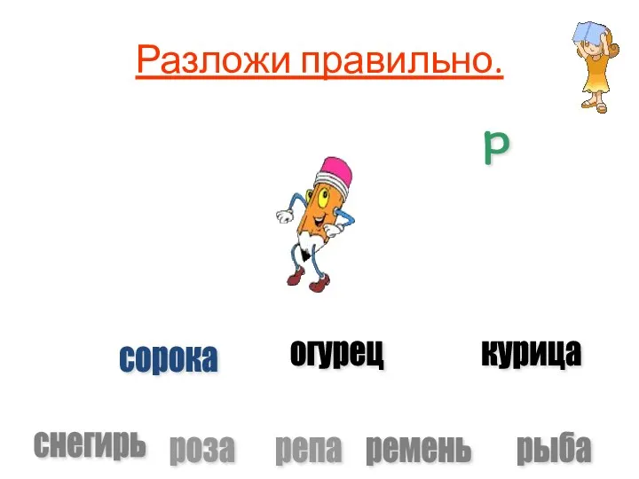 Разложи правильно. р р роза репа ремень рыба снегирь сорока огурец курица