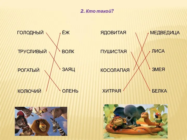 2. Кто такой? ГОЛОДНЫЙ ТРУСЛИВЫЙ РОГАТЫЙ КОЛЮЧИЙ ЁЖ ВОЛК ЗАЯЦ