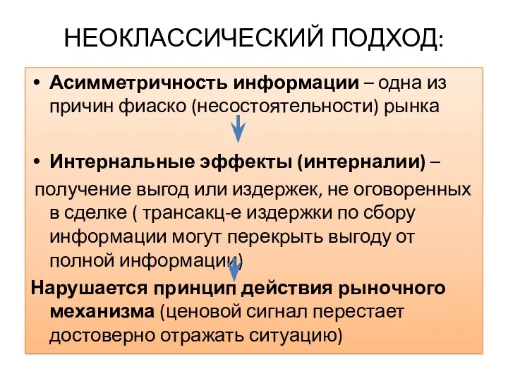 НЕОКЛАССИЧЕСКИЙ ПОДХОД: Асимметричность информации – одна из причин фиаско (несостоятельности)