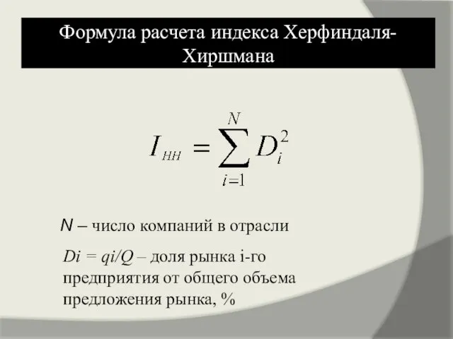 Формула расчета индекса Херфиндаля-Хиршмана N – число компаний в отрасли