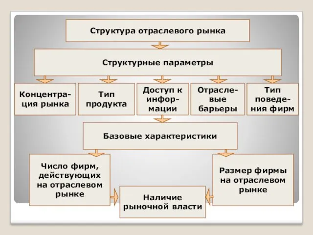 Структура отраслевого рынка Структурные параметры Концентра-ция рынка Тип продукта Доступ