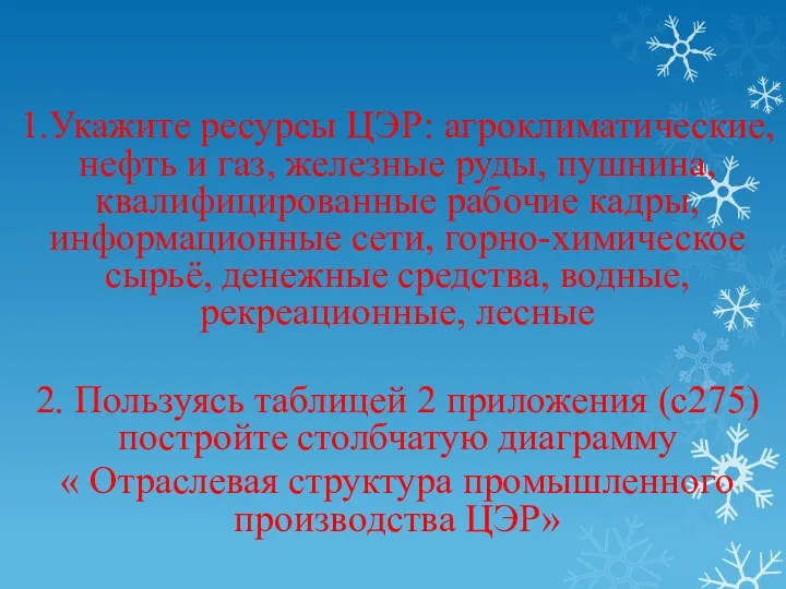 1.Укажите ресурсы ЦЭР: агроклиматические, нефть и газ, железные руды, пушнина, квалифицированные рабочие кадры,