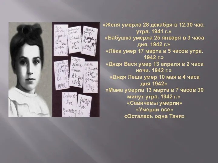 «Женя умерла 28 декабря в 12.30 час. утра. 1941 г.» «Бабушка умерла 25