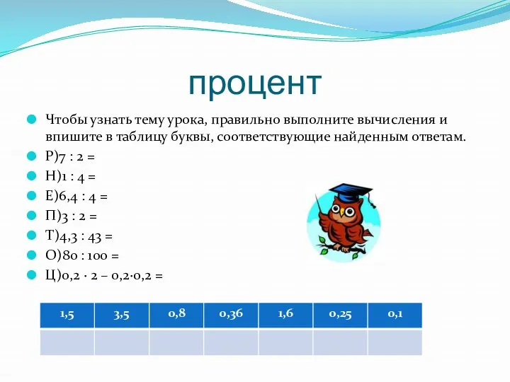 процент Чтобы узнать тему урока, правильно выполните вычисления и впишите