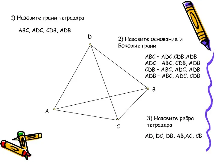 D B C A 1) Назовите грани тетраэдра ABC, ADC, CDB, ADB 2)