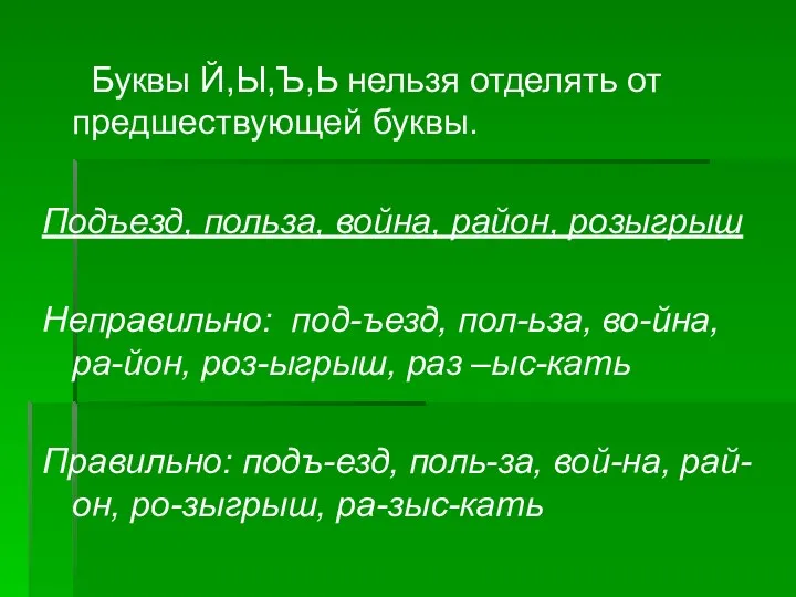 Буквы Й,Ы,Ъ,Ь нельзя отделять от предшествующей буквы. Подъезд, польза, война,