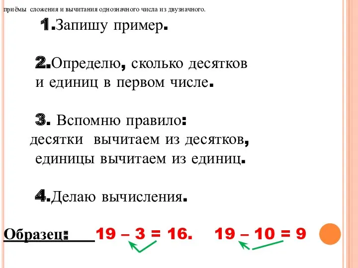 1.Запишу пример. 2.Определю, сколько десятков и единиц в первом числе.