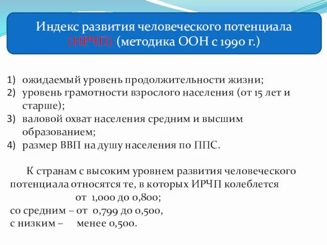 Индекс развития человеческого потенциала (ИРЧП) (методика ООН с 1990 г.) ожидаемый уровень продолжительности