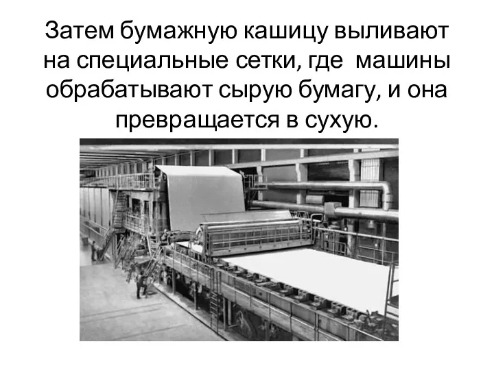 Затем бумажную кашицу выливают на специальные сетки, где машины обрабатывают