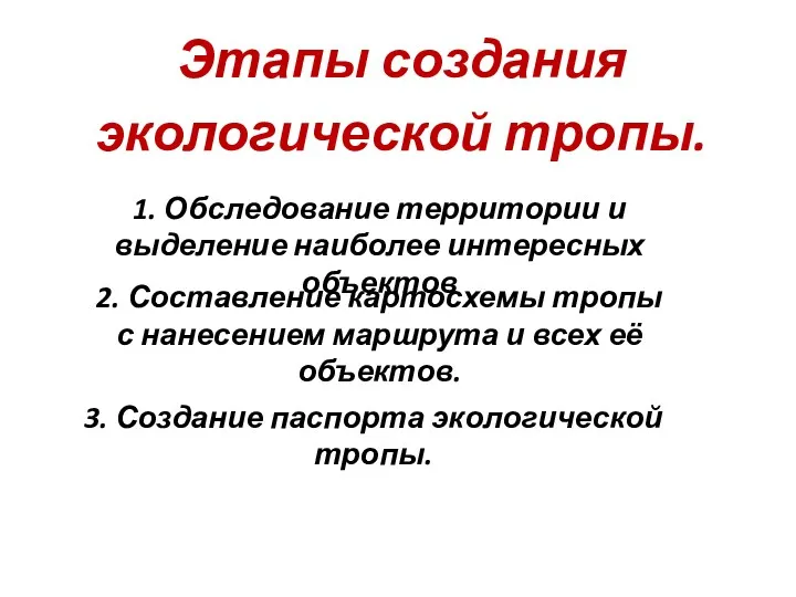 Этапы создания экологической тропы. 1. Обследование территории и выделение наиболее