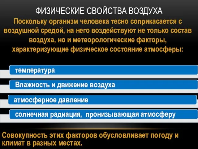 ФИЗИЧЕСКИЕ СВОЙСТВА ВОЗДУХА Поскольку организм человека тесно соприкасается с воздушной