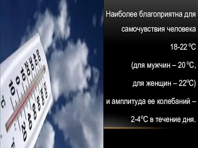 Температура воздуха Наиболее благоприятна для самочувствия человека 18-22 оС (для