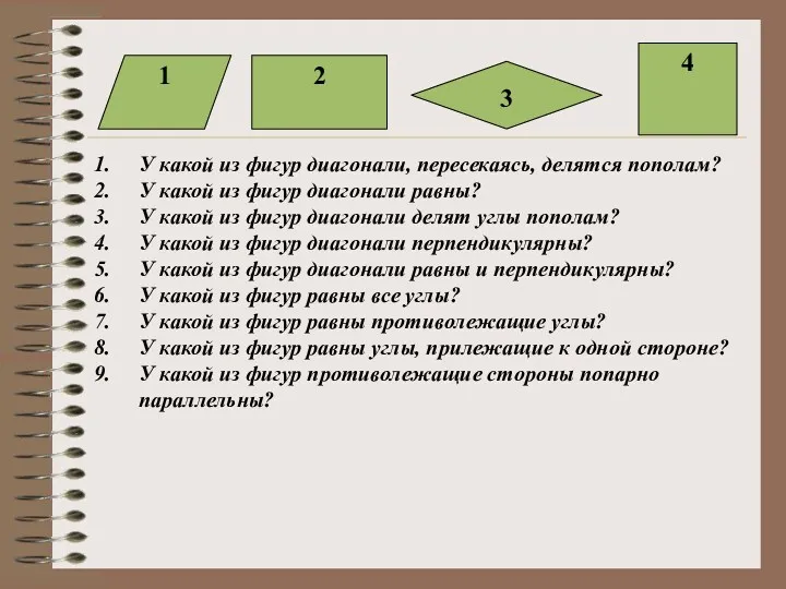 1 2 3 4 У какой из фигур диагонали, пересекаясь, делятся пополам? У