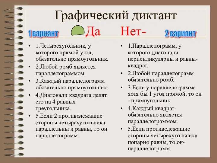 Графический диктант Да Нет- 1.Четырехугольник, у которого прямой угол, обязательно